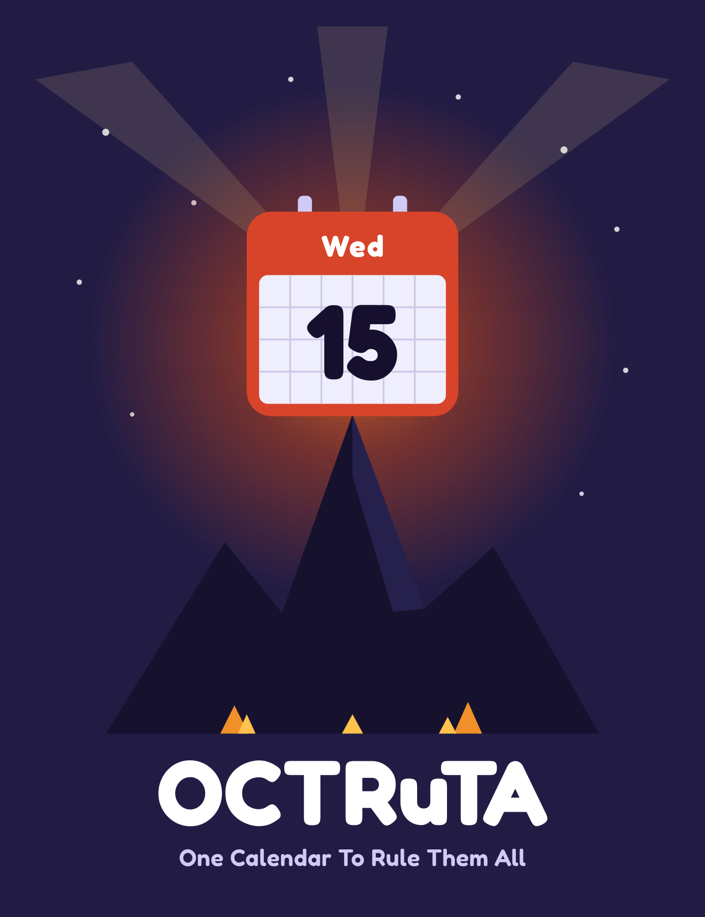 OCTRuTA app screen with a Wednesday the 15th calendar tile glowing above mountains
