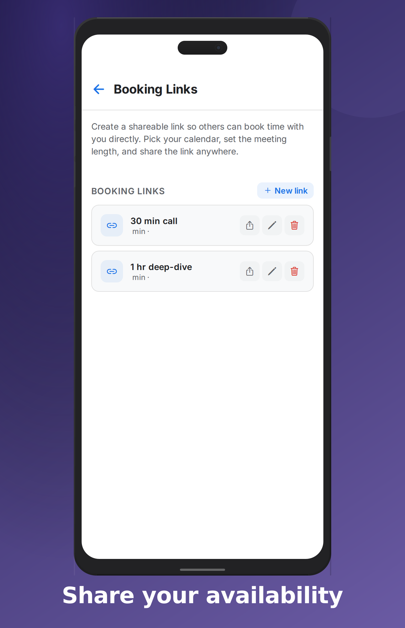 Booking Links screen with a shareable URL