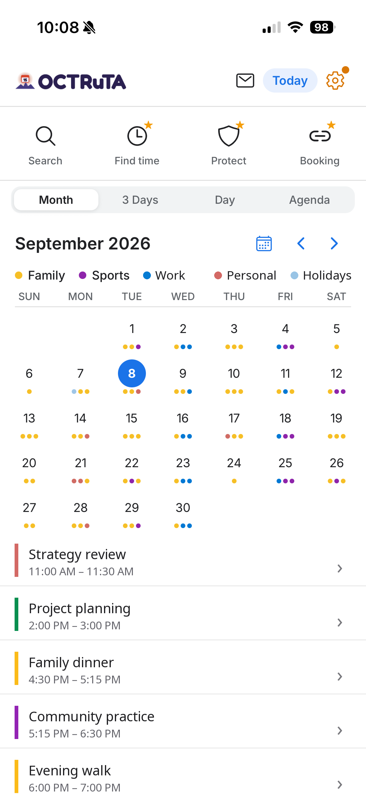 OCTRuTA month view with color-coded events from several calendars