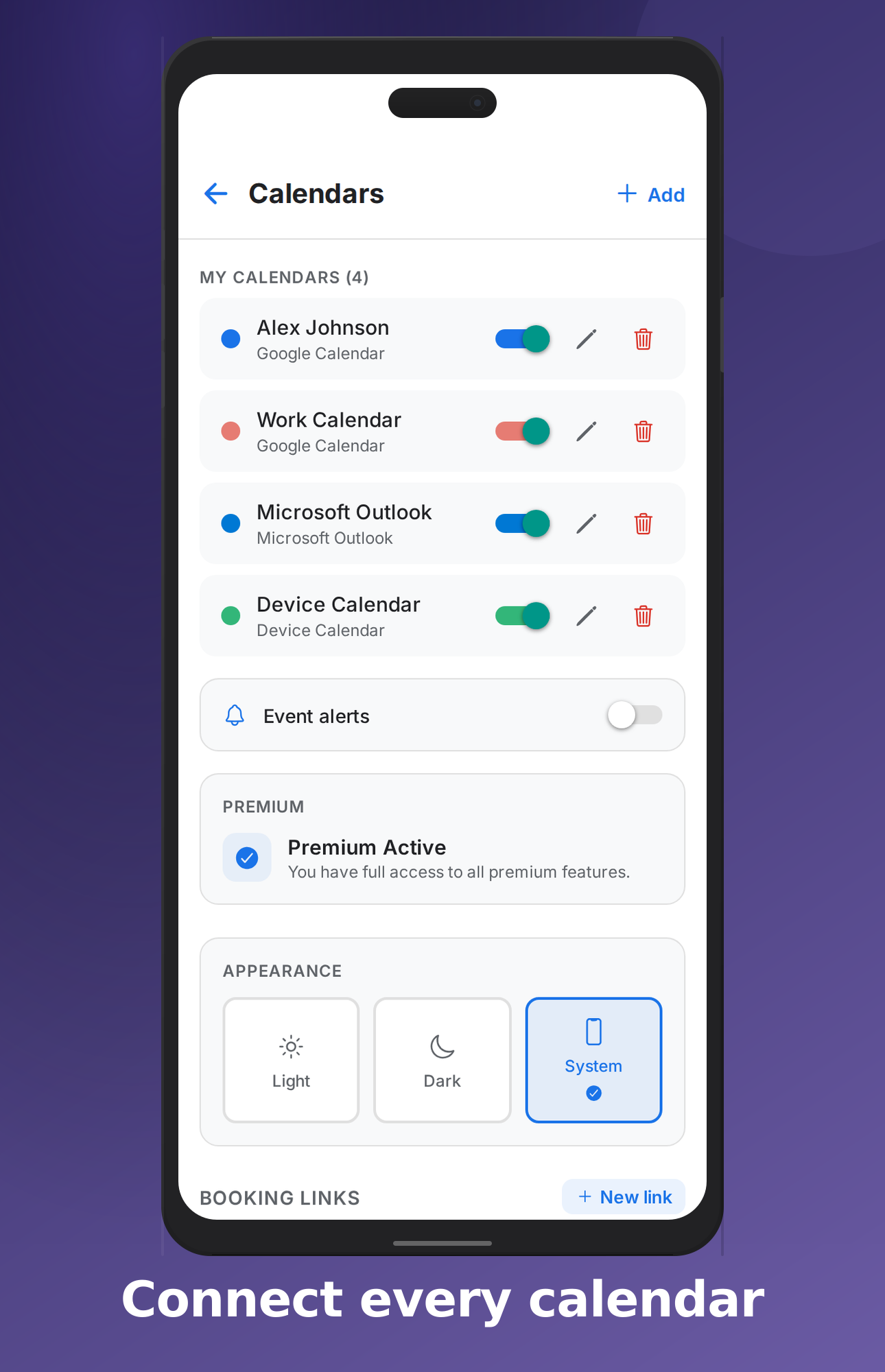 Settings showing connected calendar accounts