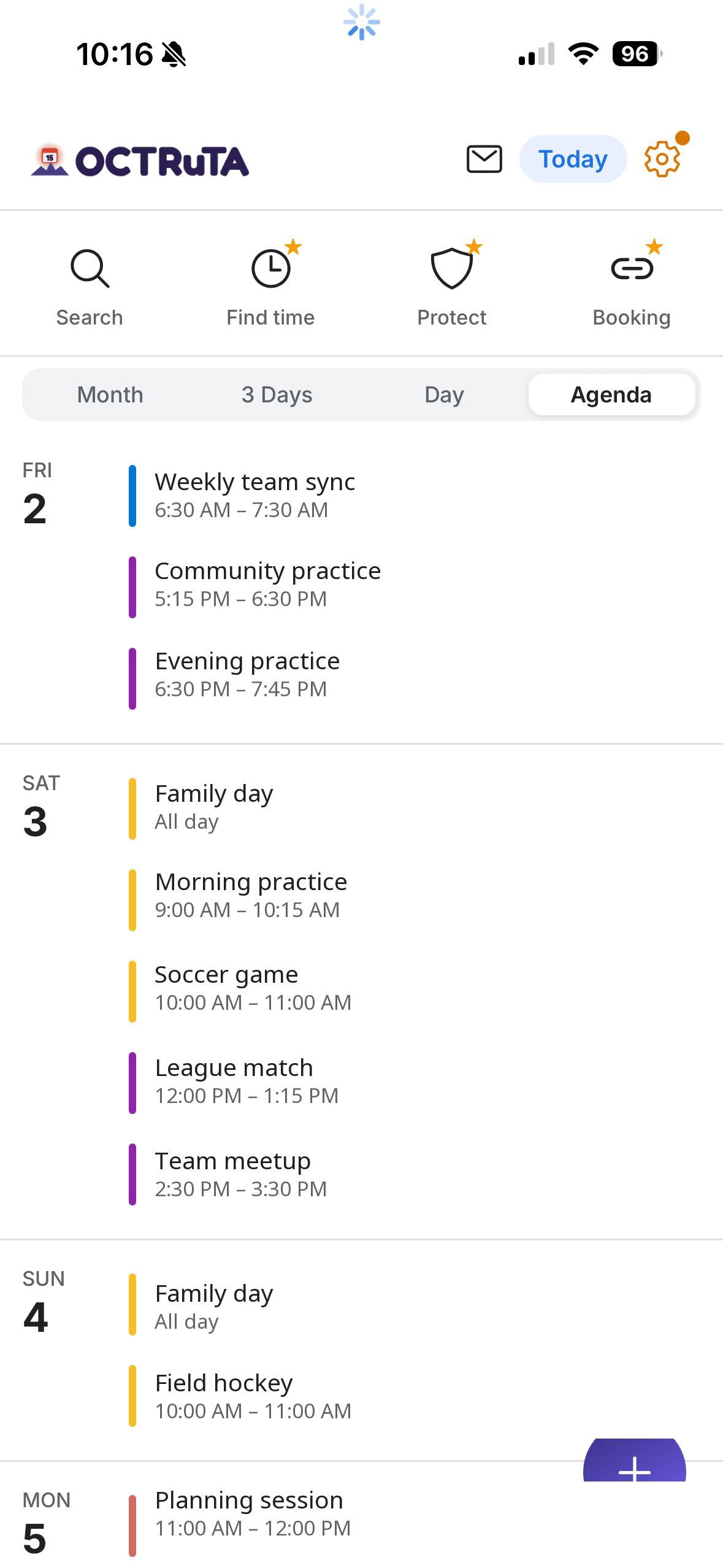 Agenda view listing upcoming events across every calendar