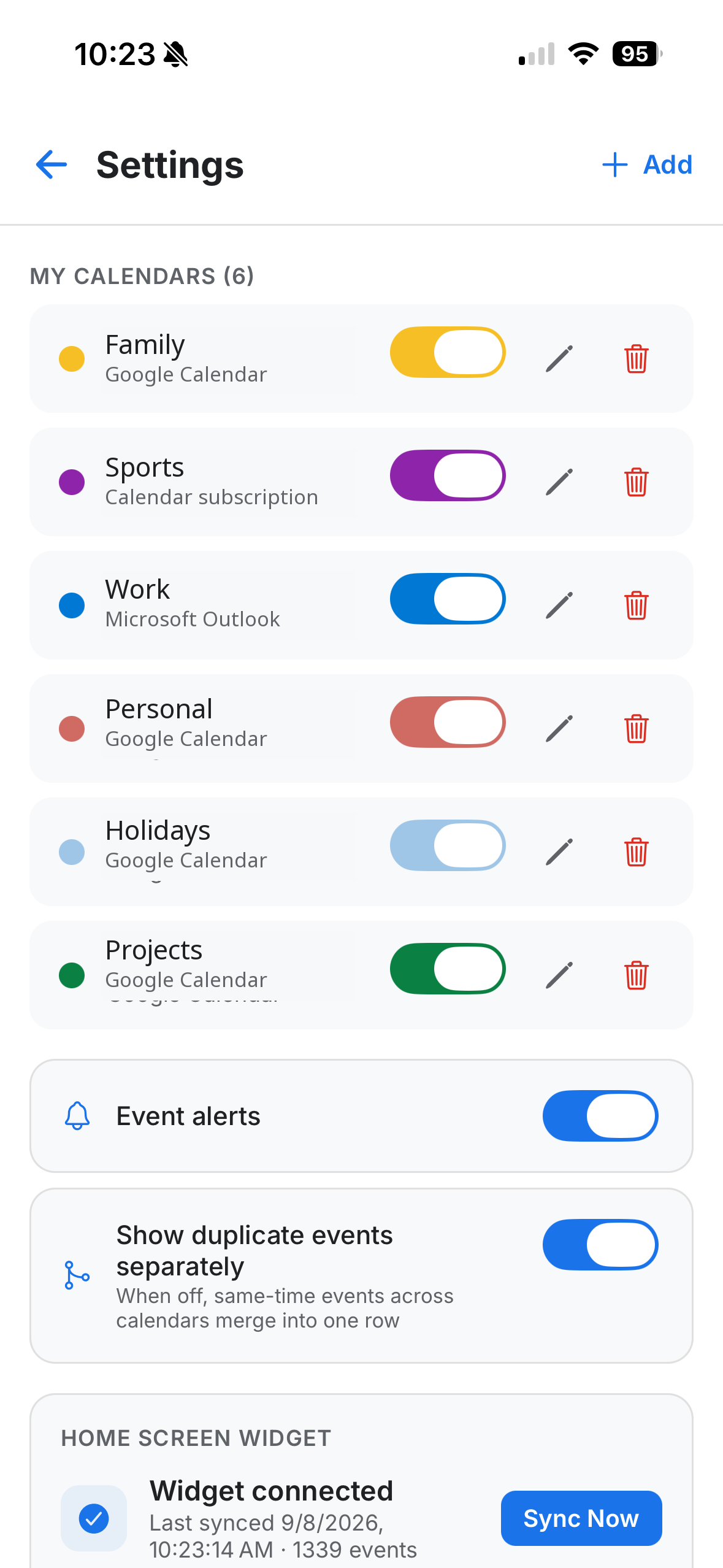 Settings showing connected calendar accounts