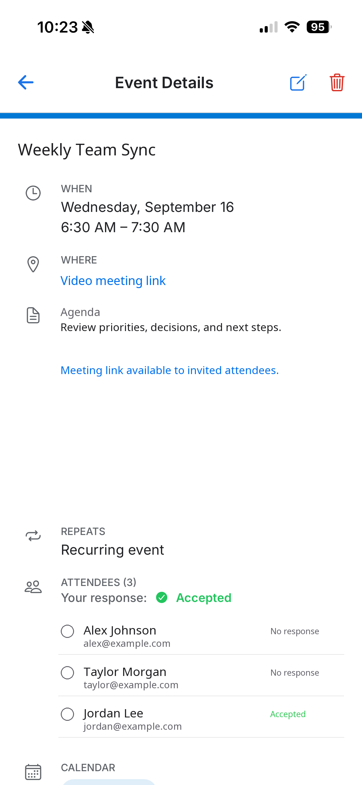Event details screen with attendees, reminders and meeting link