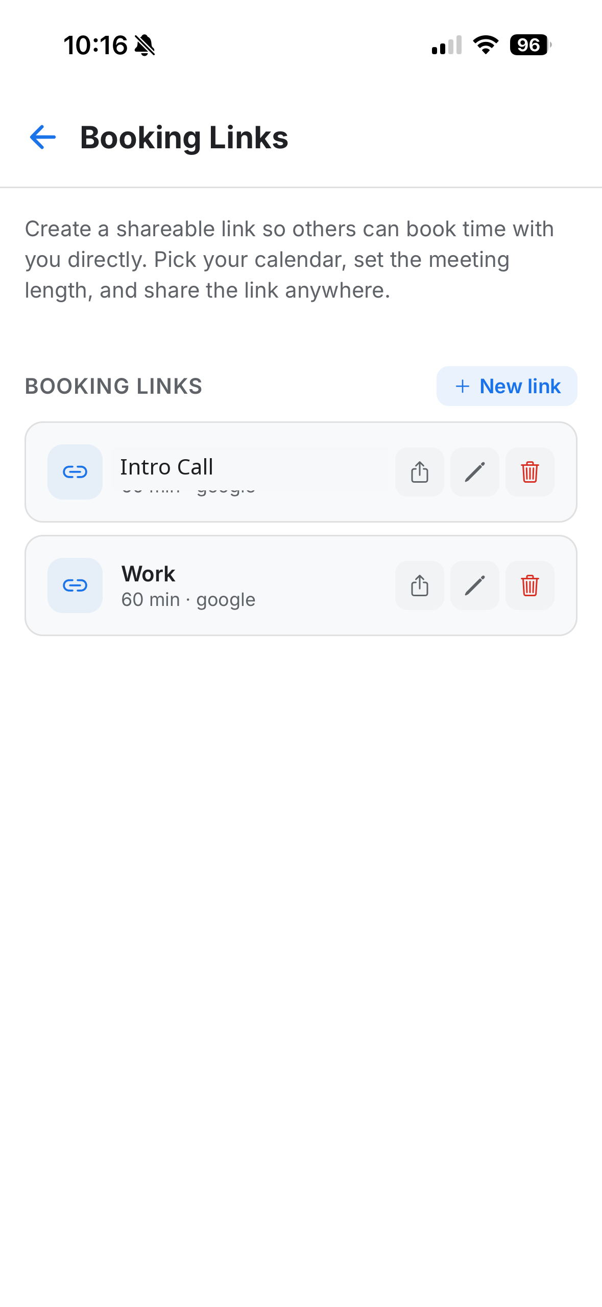Booking Links screen with a shareable URL